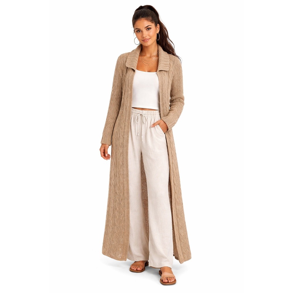Free‎ People VTG Wool Blend Longline Cardigan Tan Beige Maxi Chunky Sweater L